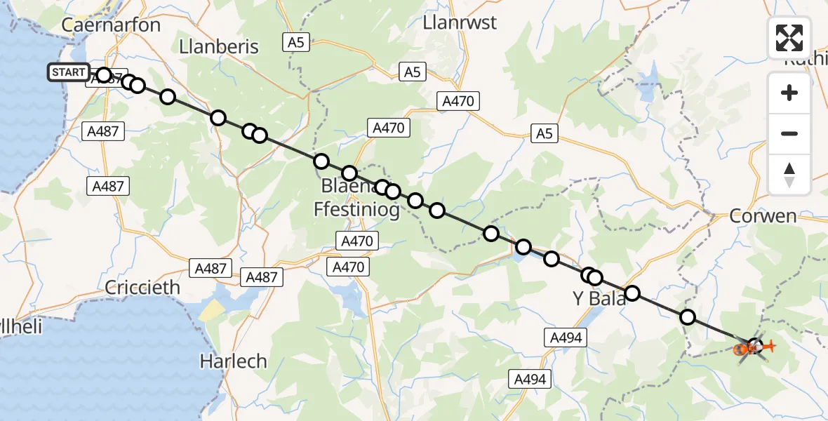 Flight path map showing Coastguard Helicopter route from Caernarfon Airport to Llanrhaeadr-ym-Mochnant