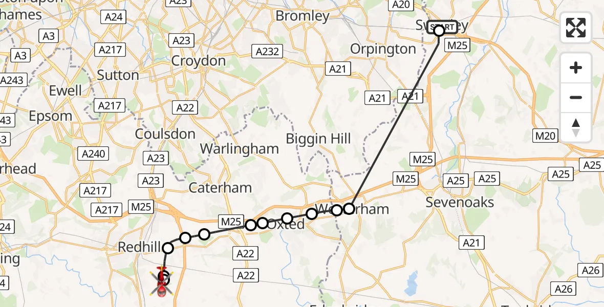 Flight path map showing Air Ambulance Helicopter route from Swanley to Redhill Aerodrome