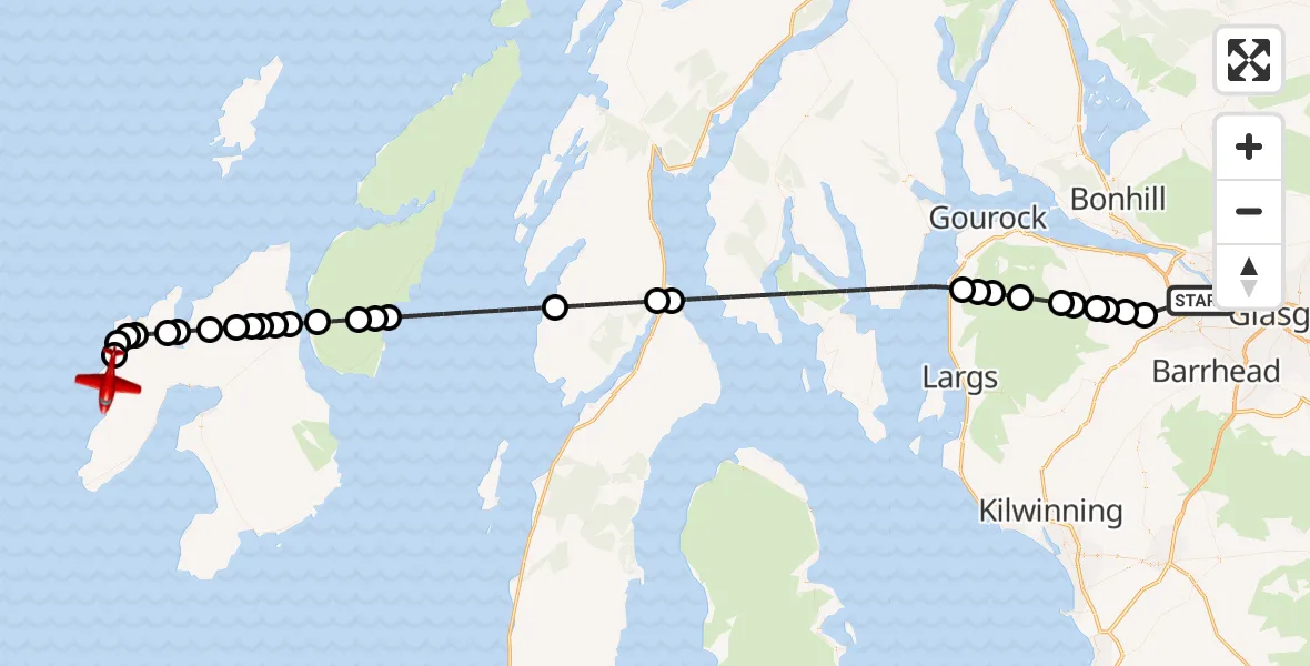 Flight path map showing Air Ambulance Aircraft route from Glasgow Airport to Argyll and Bute