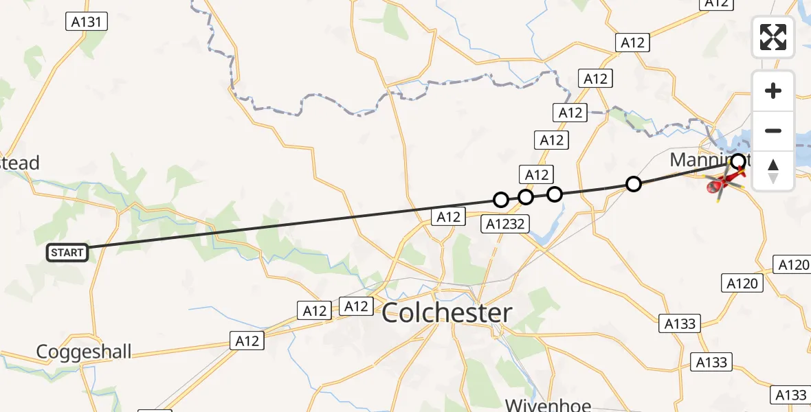 Flight path map showing Air Ambulance Helicopter route from Earls Colne Airfield to Mistley