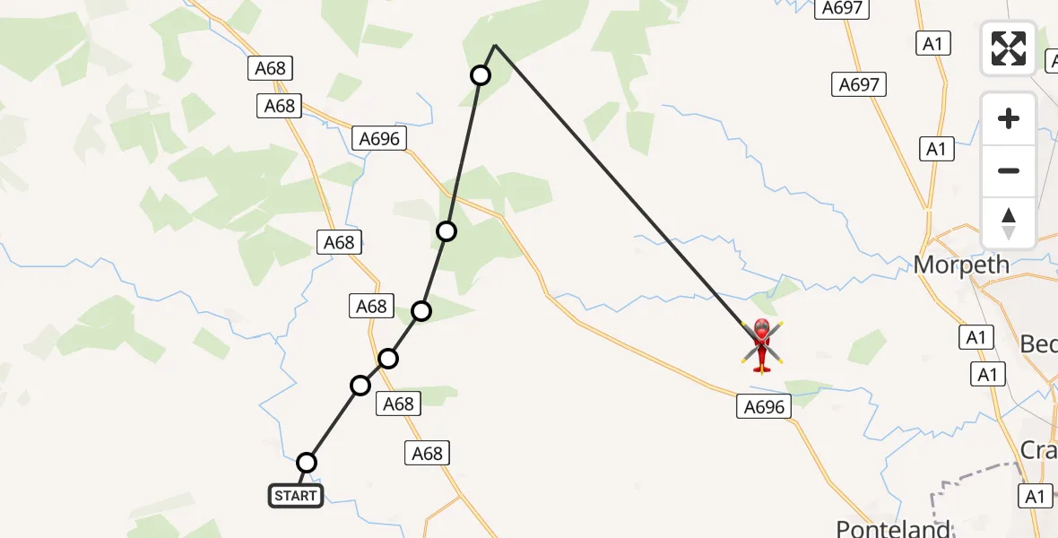 Flight path map showing Air Ambulance Helicopter route from Simonburn to Belsay