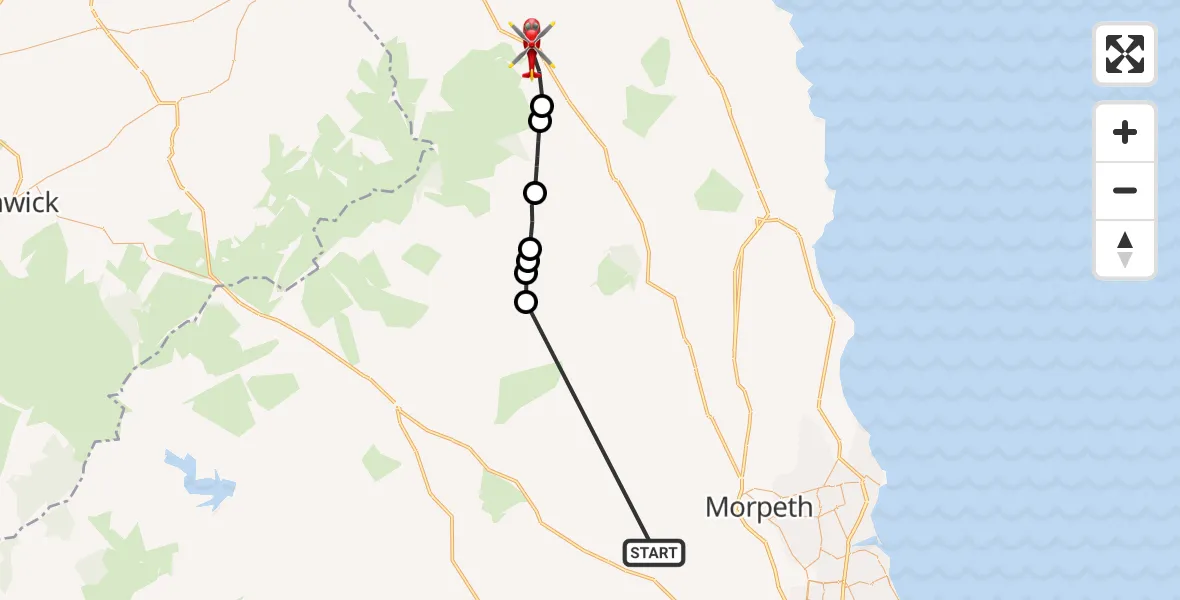 Flight path map showing Air Ambulance Helicopter route from Belsay to Wooler