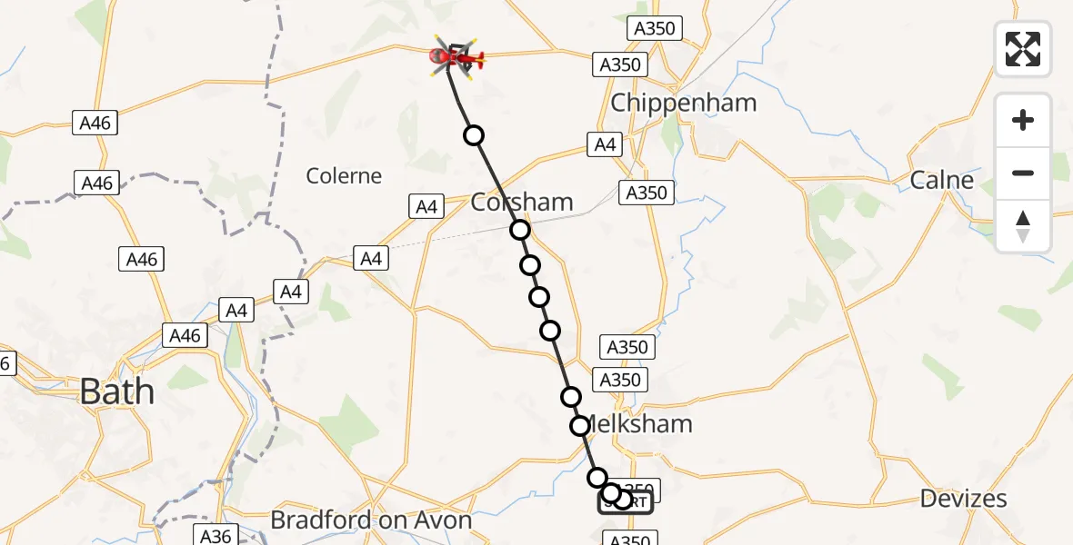 Flight path map showing Air Ambulance Helicopter route from Wiltshire Air Ambulance to Biddestone