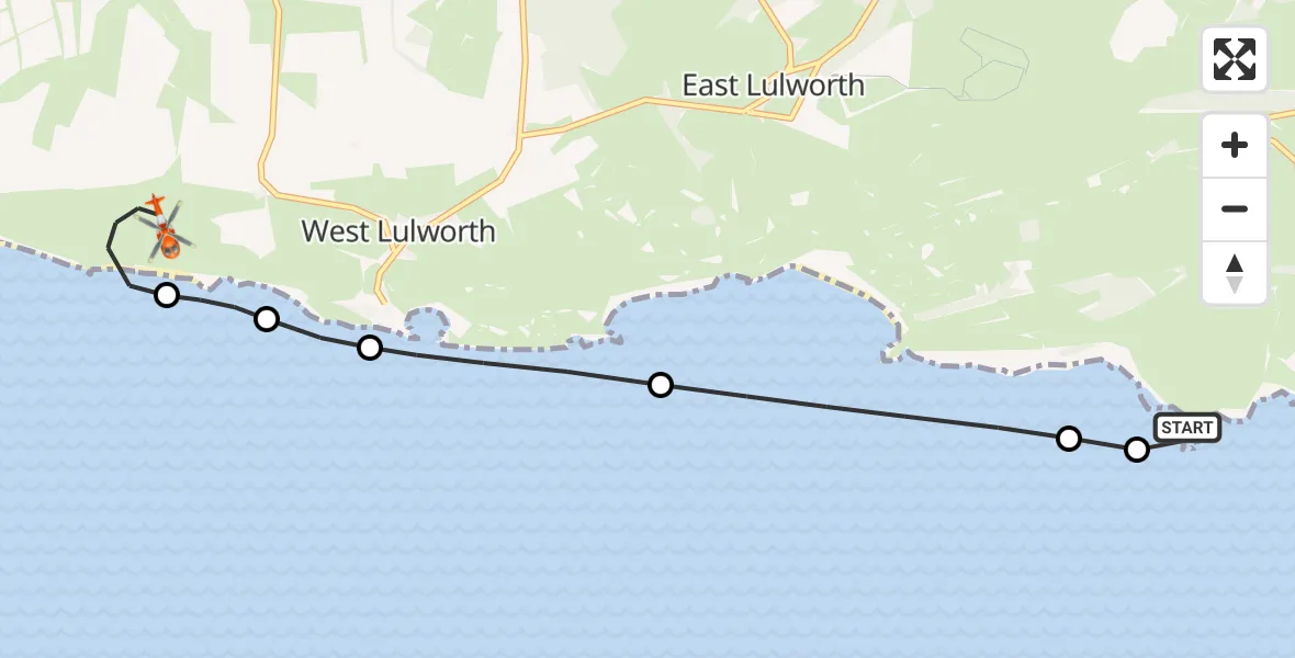 Flight path map showing Coastguard Helicopter route from East Lulworth to Chaldon Herring