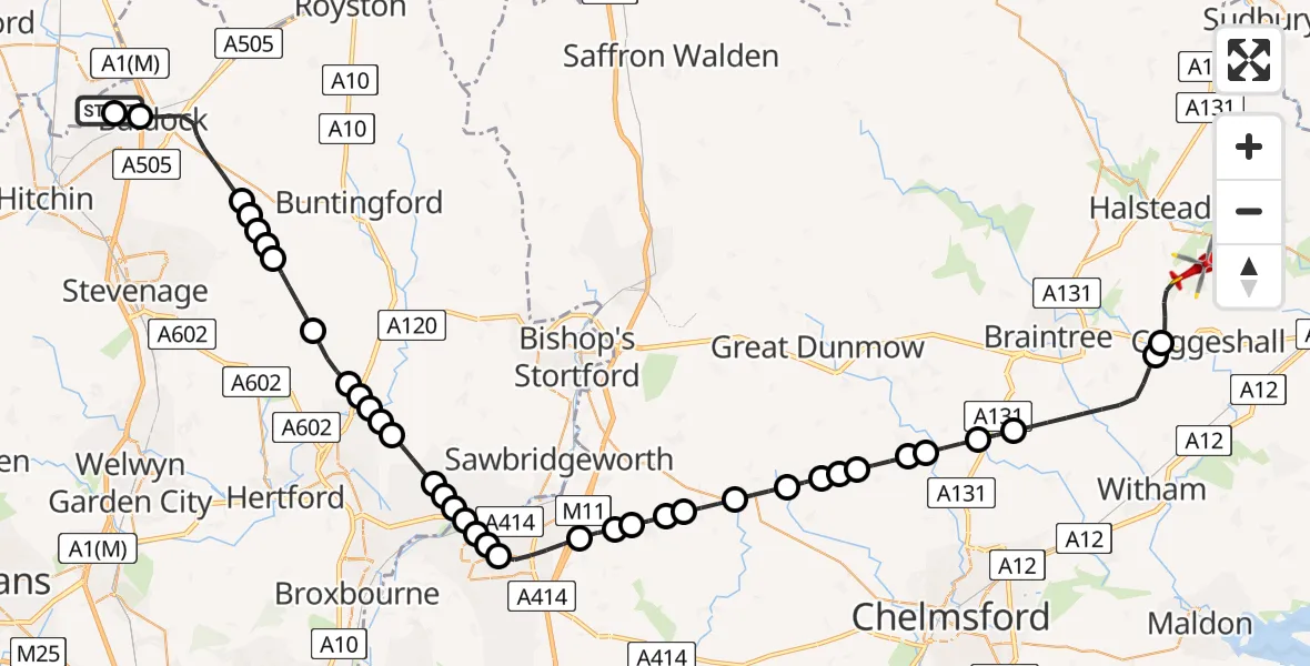 Flight path map showing Air Ambulance Helicopter route from Letchworth to Earls Colne Airfield
