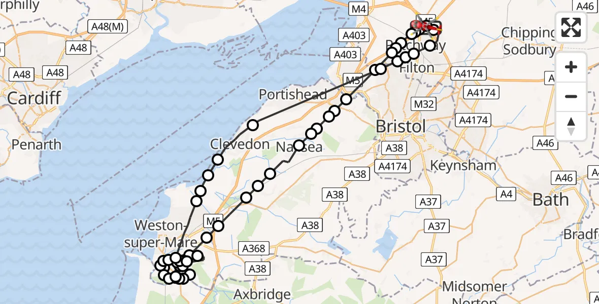 Flight path map showing Air Ambulance Helicopter route from Almondsbury Helicopter Base to Almondsbury Helicopter Base