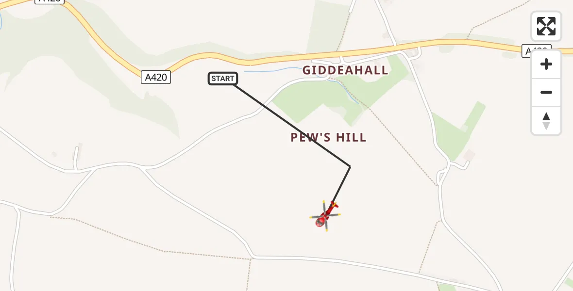 Flight path map showing Air Ambulance Helicopter route from Biddestone to Biddestone