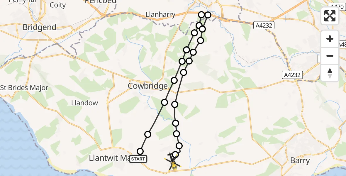 Flight path map showing Police Helicopter route from Boverton to MOD St Athan