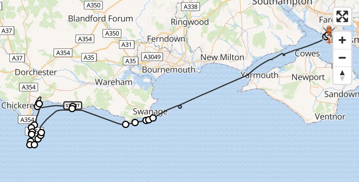Flight path map showing Coastguard Helicopter route from West Lulworth to Solent Airport
