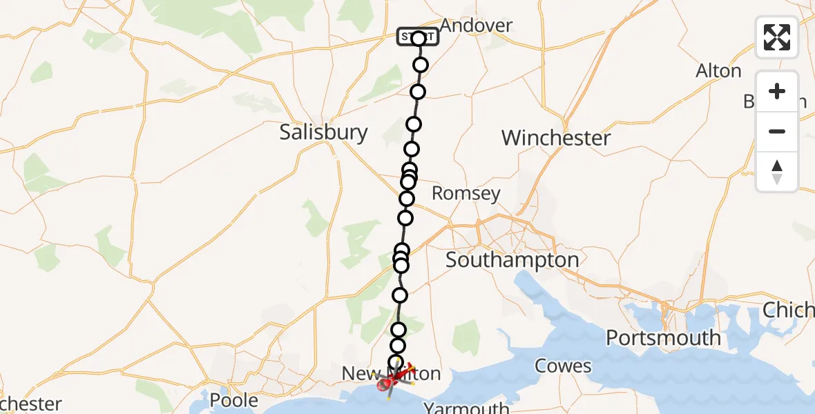 Flight path map showing Air Ambulance Helicopter route from Thruxton to New Milton