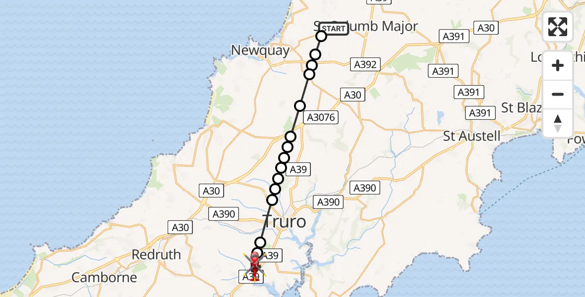 Flight path map showing Air Ambulance Helicopter route from Cornwall Airport Newquay to Carnon Downs