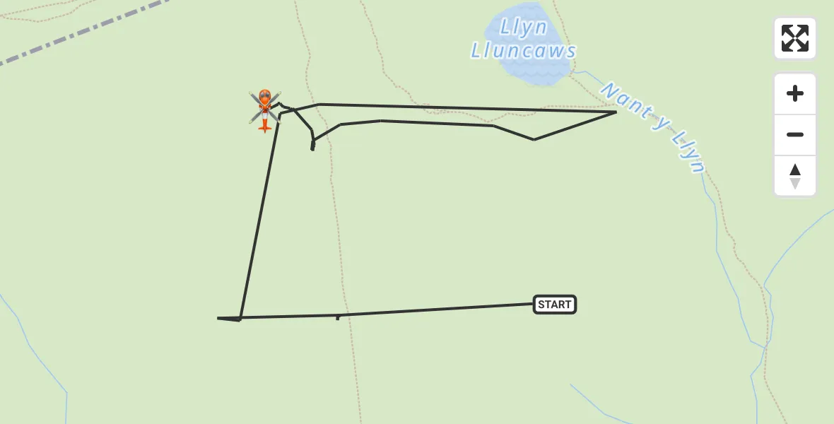 Flight path map showing Coastguard Helicopter route from Llanrhaeadr-ym-Mochnant to Llanrhaeadr-ym-Mochnant