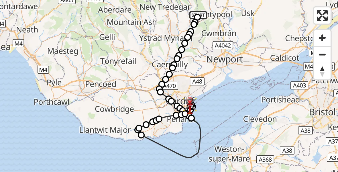 Flight path map showing Air Ambulance Helicopter route from Pantygasseg to Cardiff Heliport