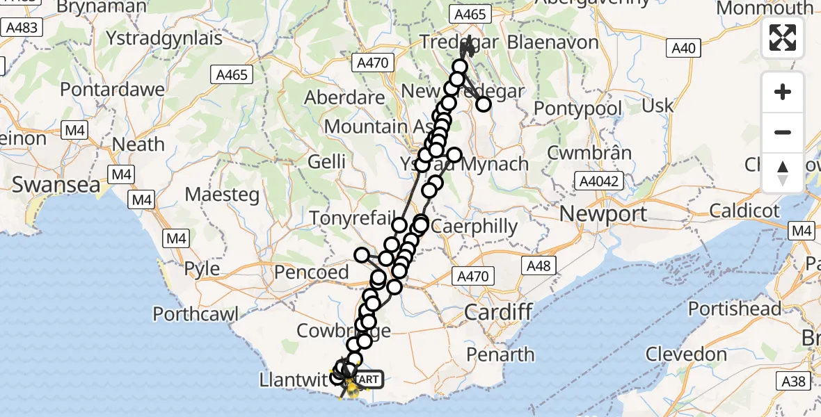 Flight path map showing Police Helicopter route from MOD St Athan to MOD St Athan