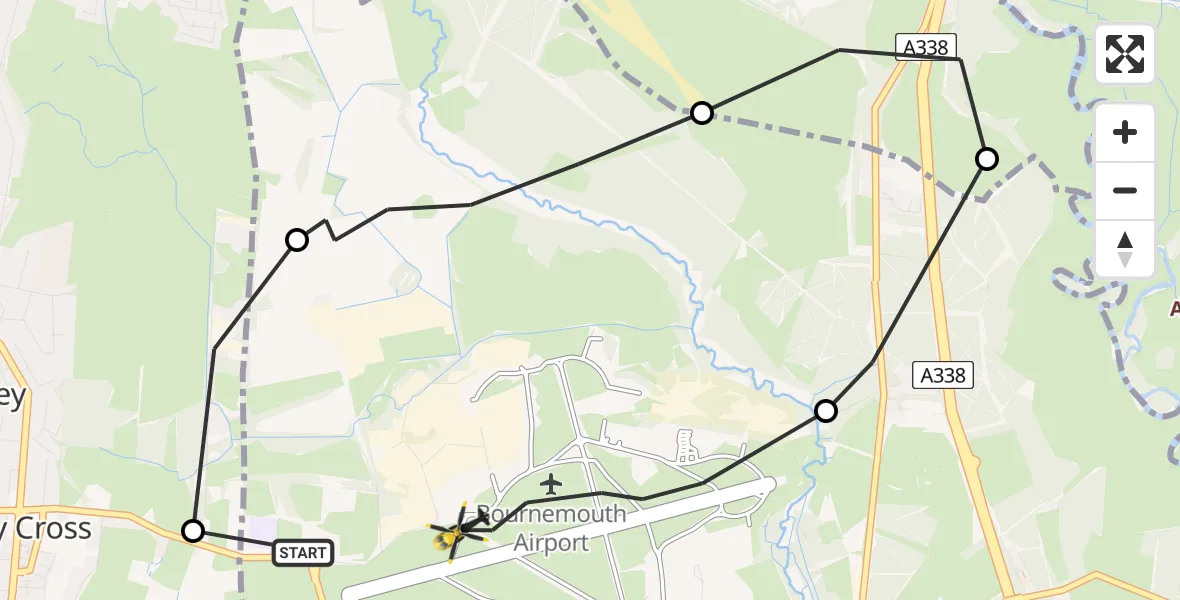 Flight path map showing Police Helicopter route from Hurn to Bournemouth Airport