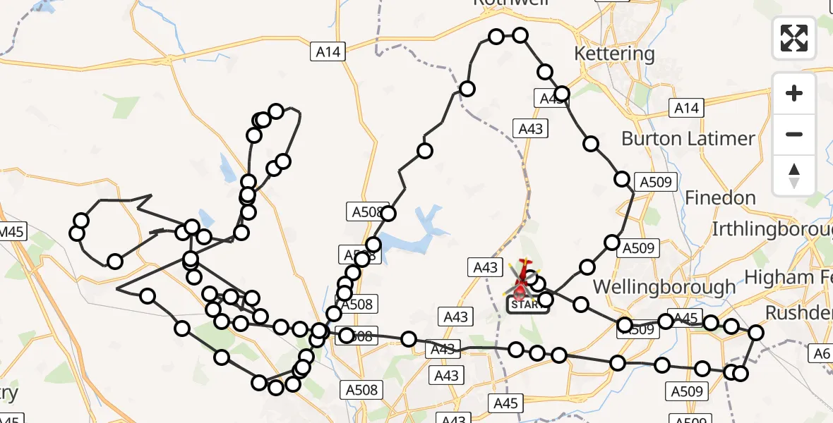 Flight path map showing Air Ambulance Helicopter route from Sywell to Sywell Aerodrome