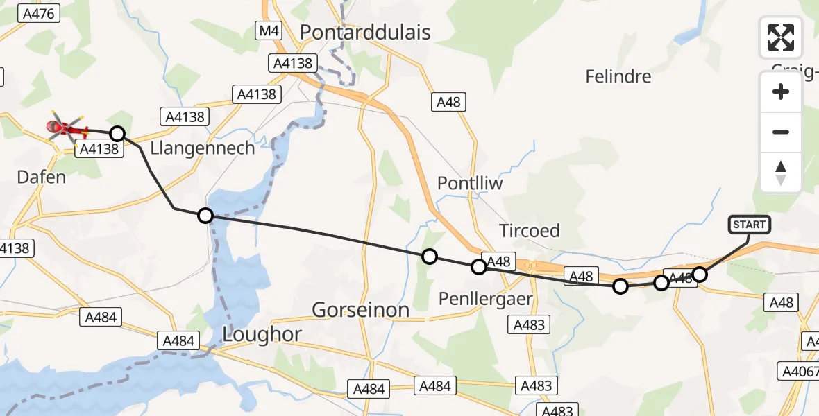 Flight path map showing Air Ambulance Helicopter route from Morriston Hospital Helipad to Dafen