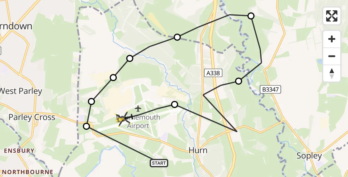 Flight path map showing Police Helicopter route from Bournemouth Airport to Bournemouth Airport