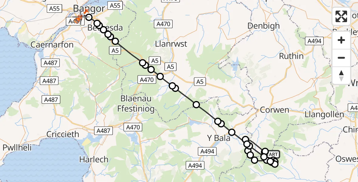 Flight path map showing Coastguard Helicopter route from Llanrhaeadr-ym-Mochnant to Bangor