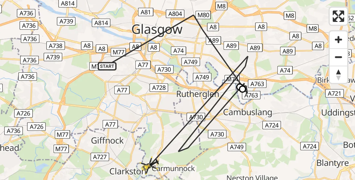 Flight path map showing Police Helicopter route from Glasgow to Glasgow