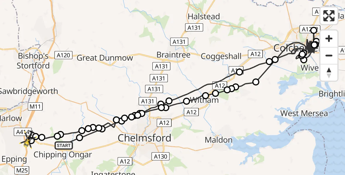 Flight path map showing Police Helicopter route from Chipping Ongar to North Weald Bassett