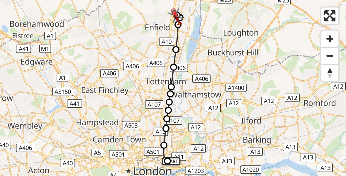 Flight path map showing Air Ambulance Helicopter route from Royal London Hospital to Enfield