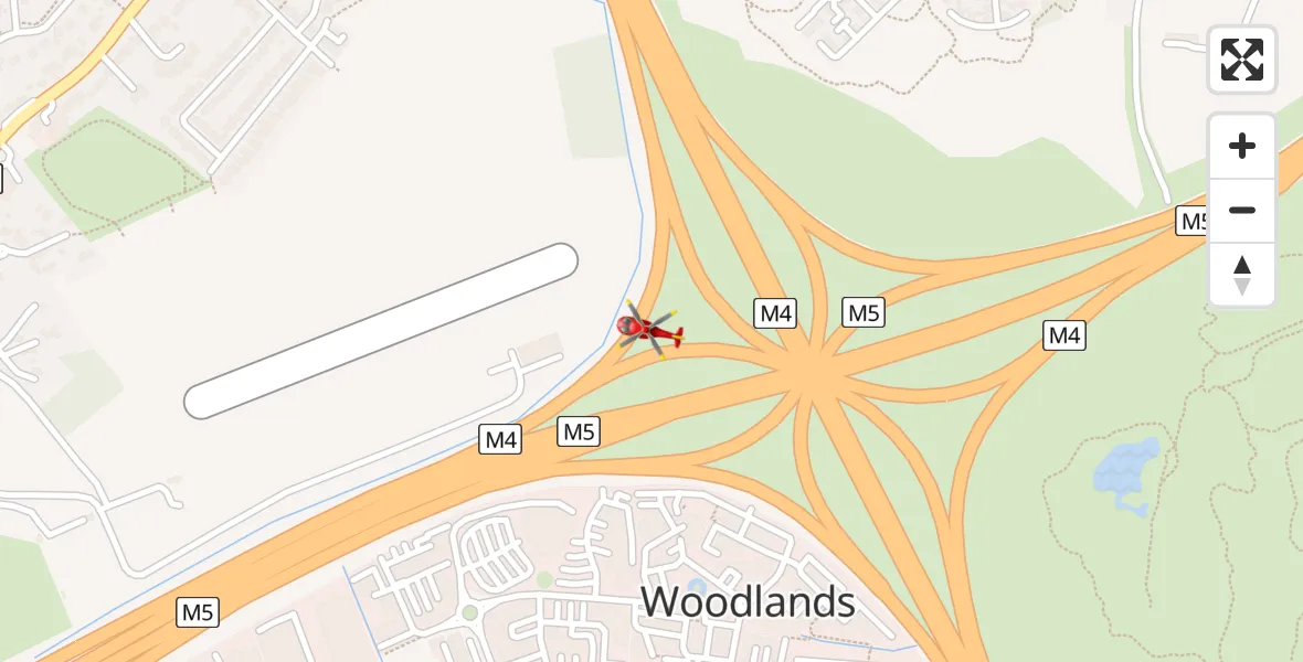 Flight path map showing Air Ambulance Helicopter route from Almondsbury Helicopter Base to Almondsbury Helicopter Base