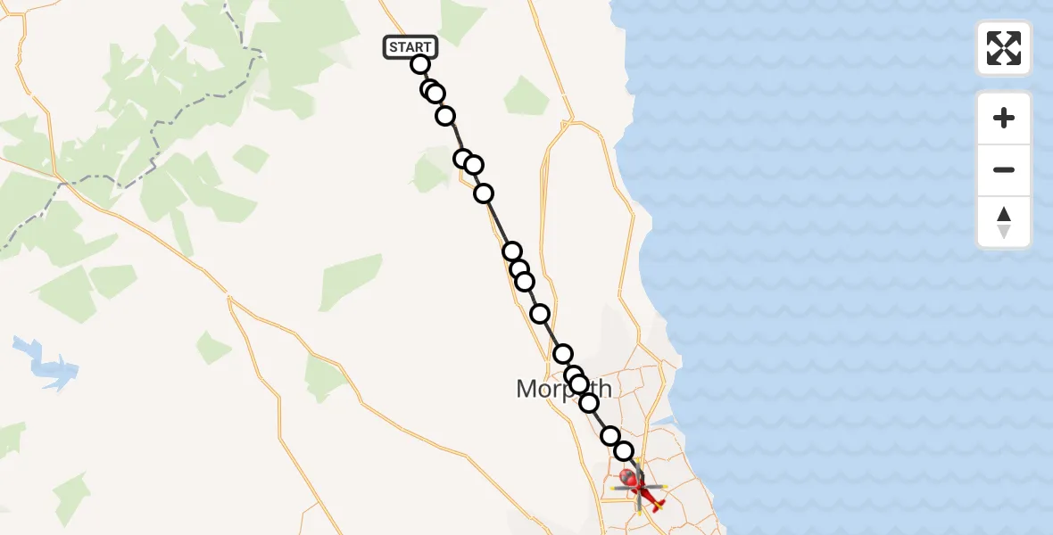 Flight path map showing Air Ambulance Helicopter route from Wooperton to Cramlington