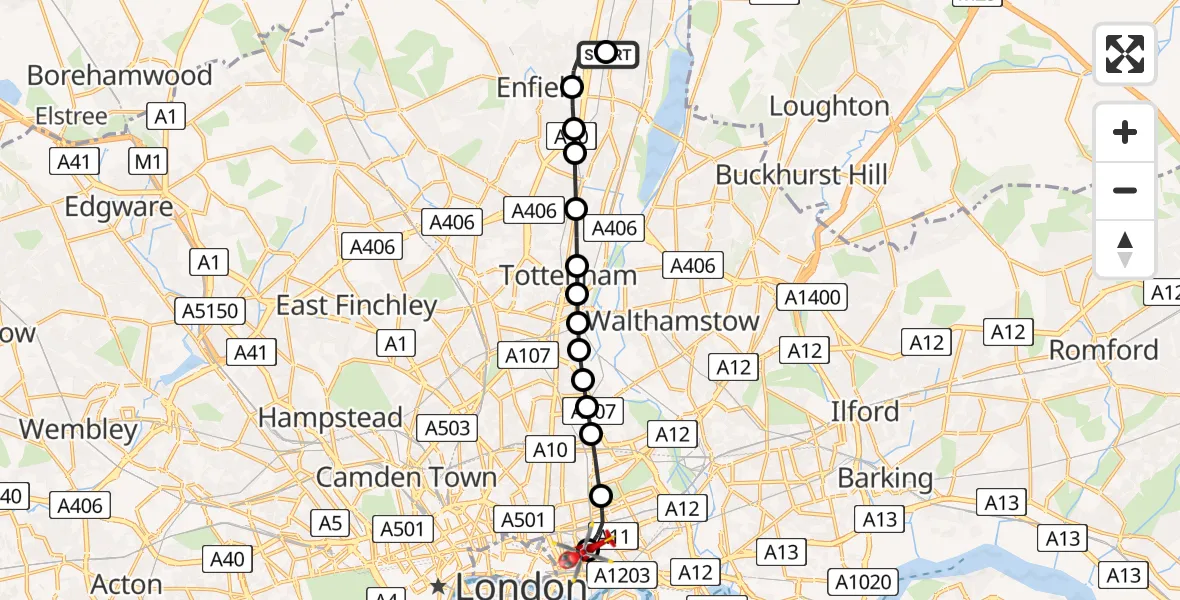 Flight path map showing Air Ambulance Helicopter route from Southbury to Royal London Hospital