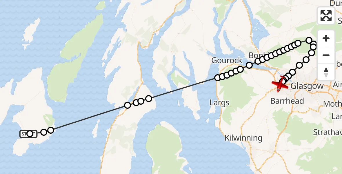 Flight path map showing Air Ambulance Aircraft route from Glenegedale to Glasgow Airport