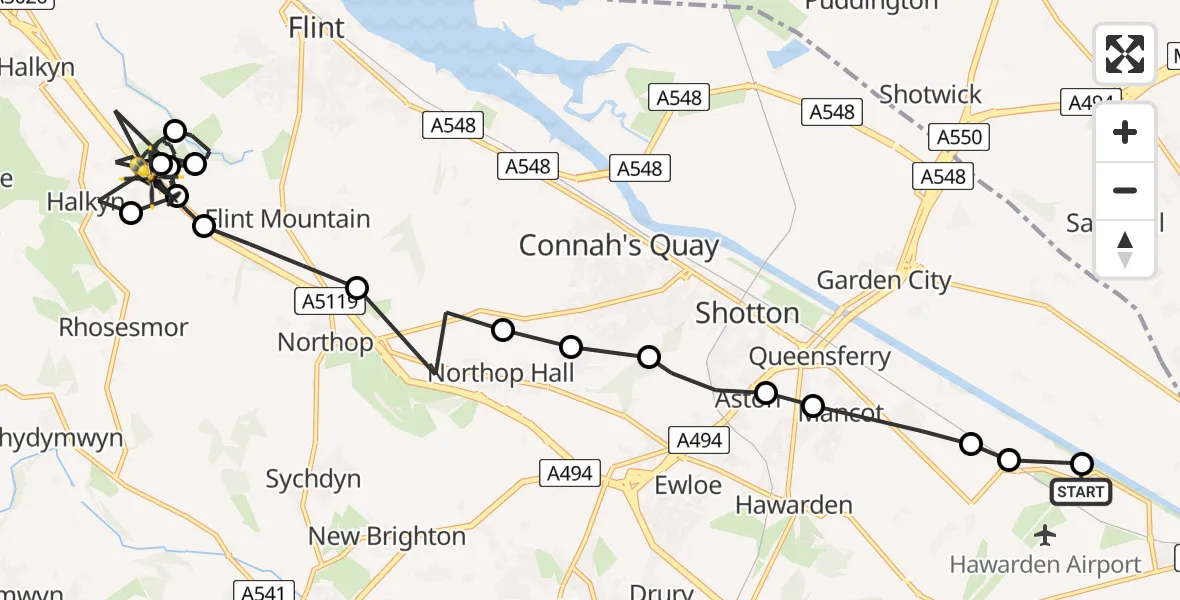 Flight path map showing Police Helicopter route from Hawarden Airport to Halkyn