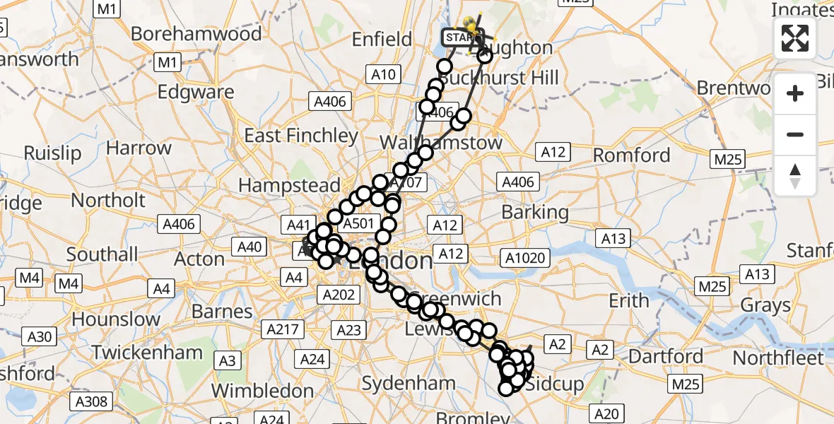 Flight path map showing Police Helicopter route from Sewardstonebury to Metropolitan Police Air Support Unit Lippitts Hill
