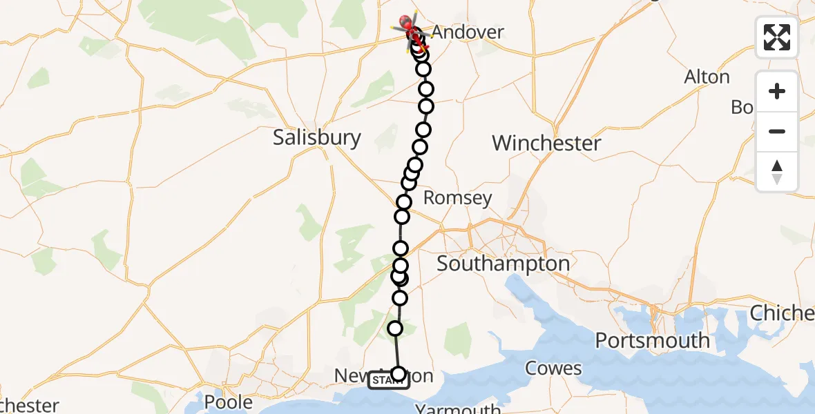 Flight path map showing Air Ambulance Helicopter route from New Milton to Thruxton