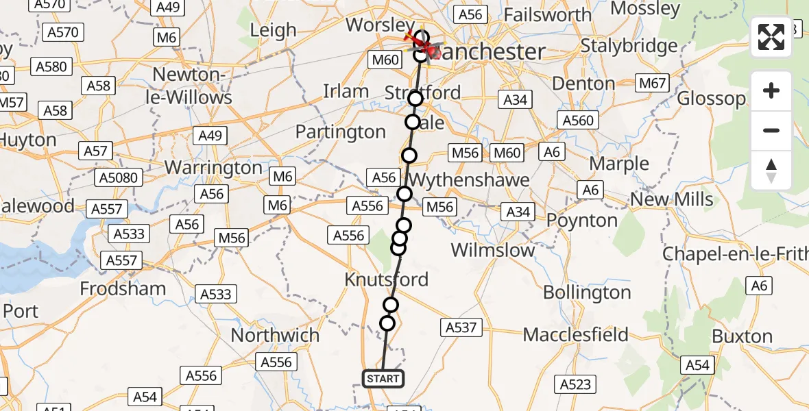 Flight path map showing Air Ambulance Helicopter route from Allostock to Eccles