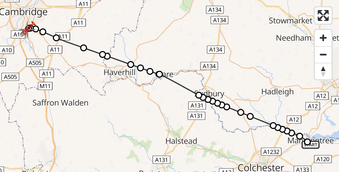 Flight path map showing Air Ambulance Helicopter route from Mistley to Papworth Hospital