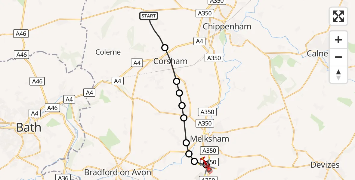Flight path map showing Air Ambulance Helicopter route from Biddestone to Melksham