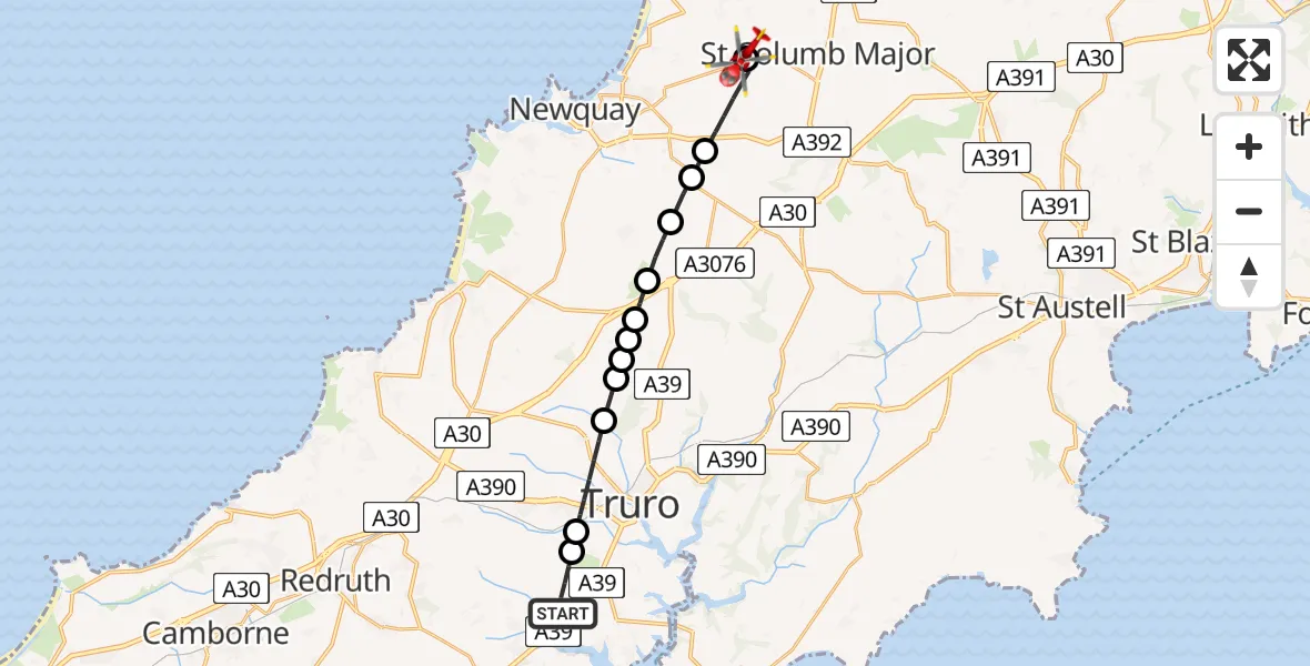 Flight path map showing Air Ambulance Helicopter route from Carnon Downs to Cornwall Airport Newquay