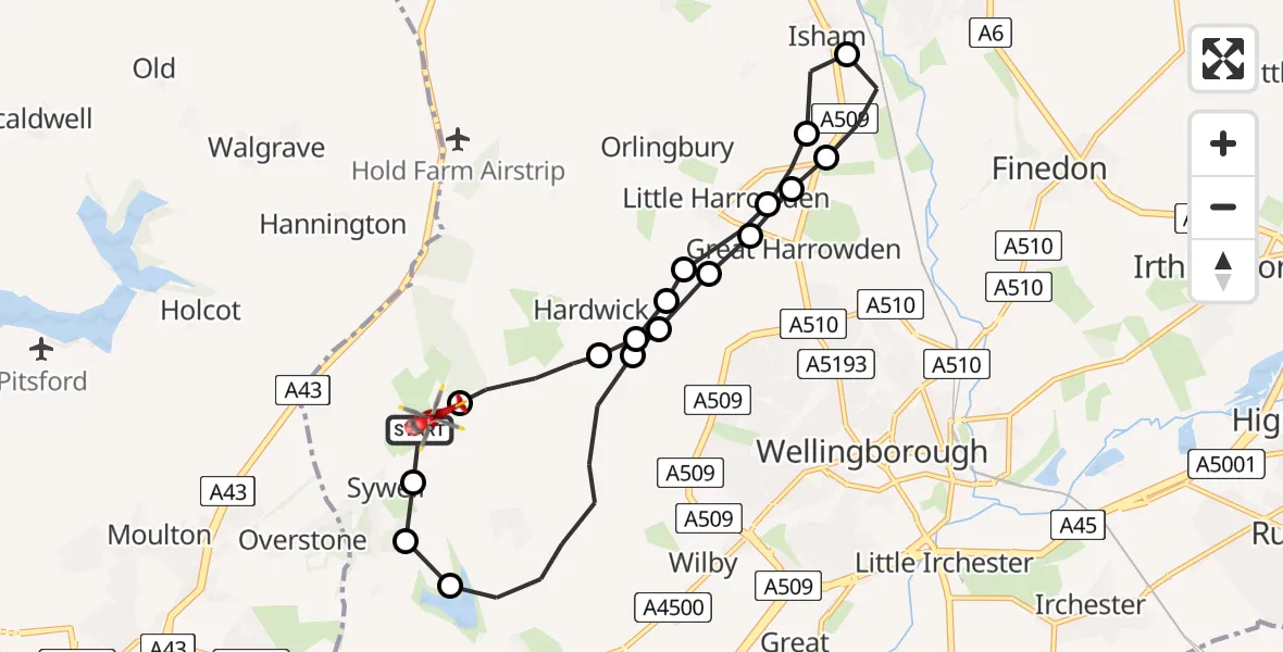 Flight path map showing Air Ambulance Helicopter route from Sywell Aerodrome to Sywell Aerodrome