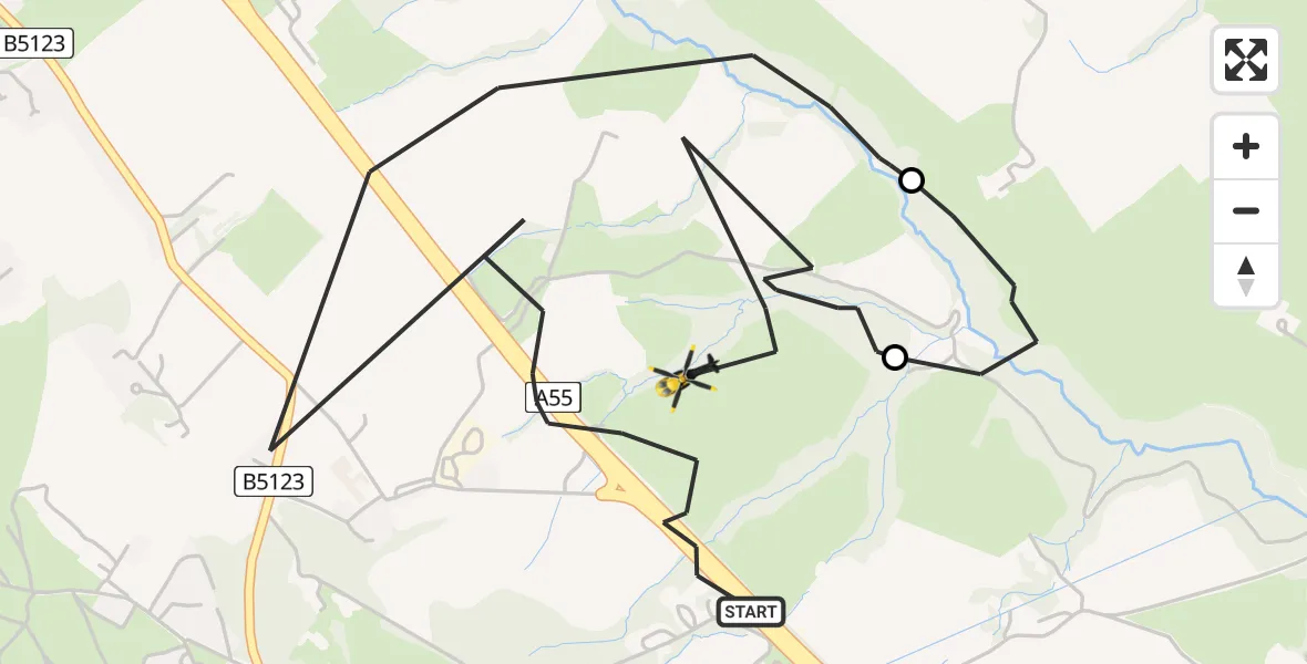 Flight path map showing Police Helicopter route from Halkyn to Halkyn