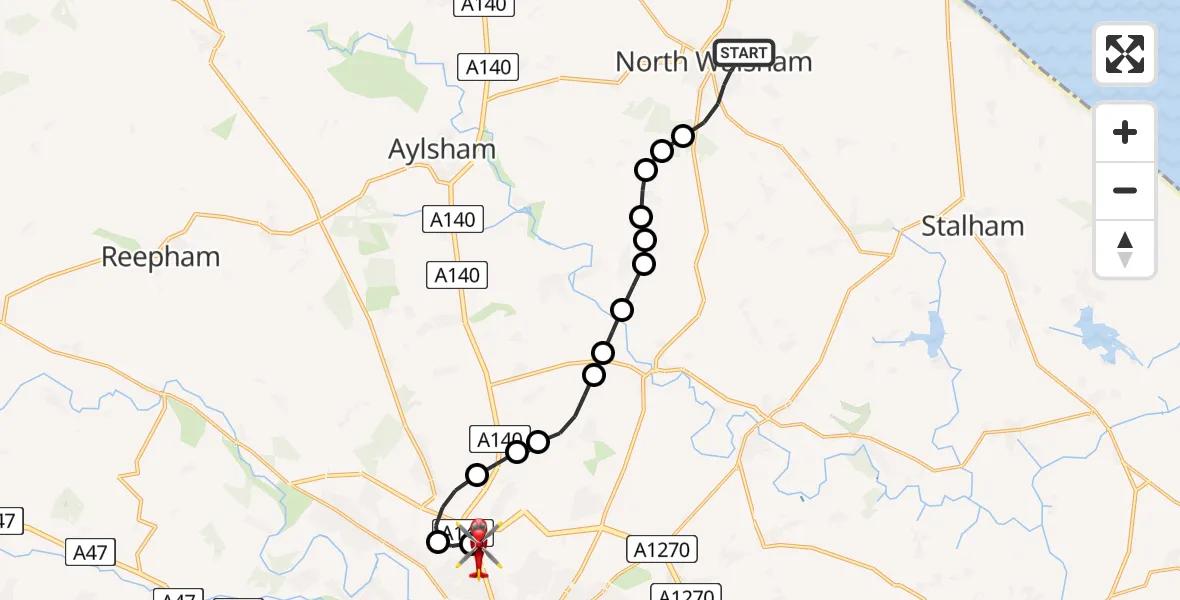 Flight path map showing Air Ambulance Helicopter route from North Walsham to Norwich Airport