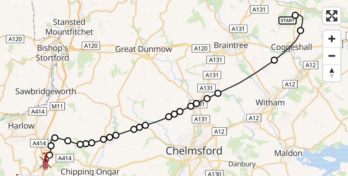 Flight path map showing Air Ambulance Helicopter route from Earls Colne Airfield to North Weald Airfield