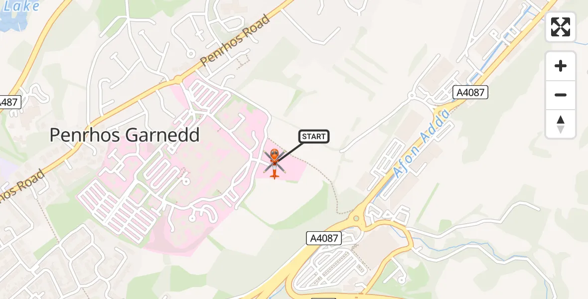 Flight path map showing Coastguard Helicopter route from Ysbyty Gwynedd Hospital Heliport to Ysbyty Gwynedd Hospital Heliport