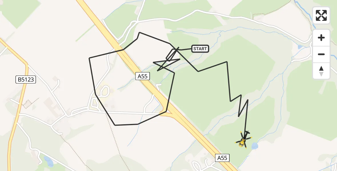 Flight path map showing Police Helicopter route from Halkyn to Halkyn