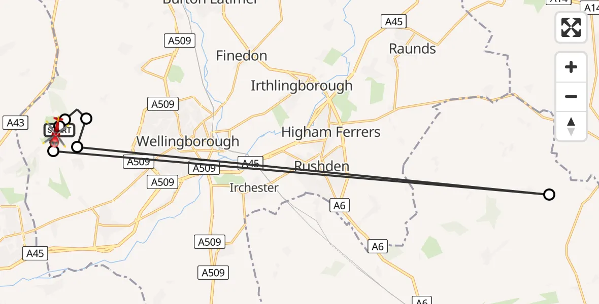 Flight path map showing Air Ambulance Helicopter route from Sywell Aerodrome to Sywell Aerodrome