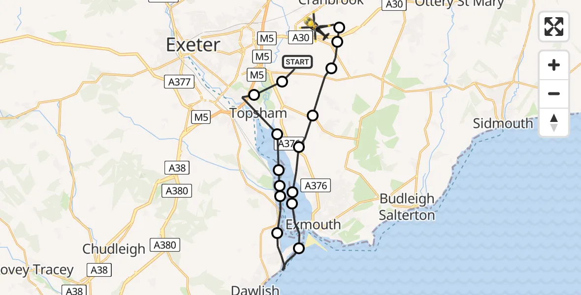 Flight path map showing Police Helicopter route from Clyst Honiton to Exeter International Airport