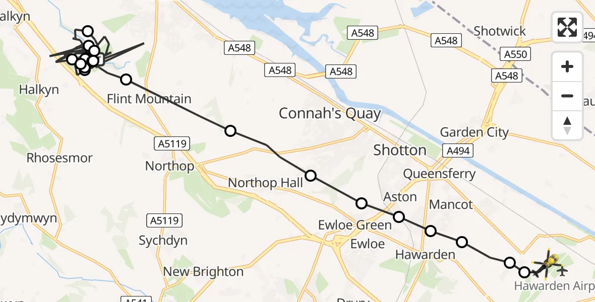 Flight path map showing Police Helicopter route from Flint to Hawarden Airport