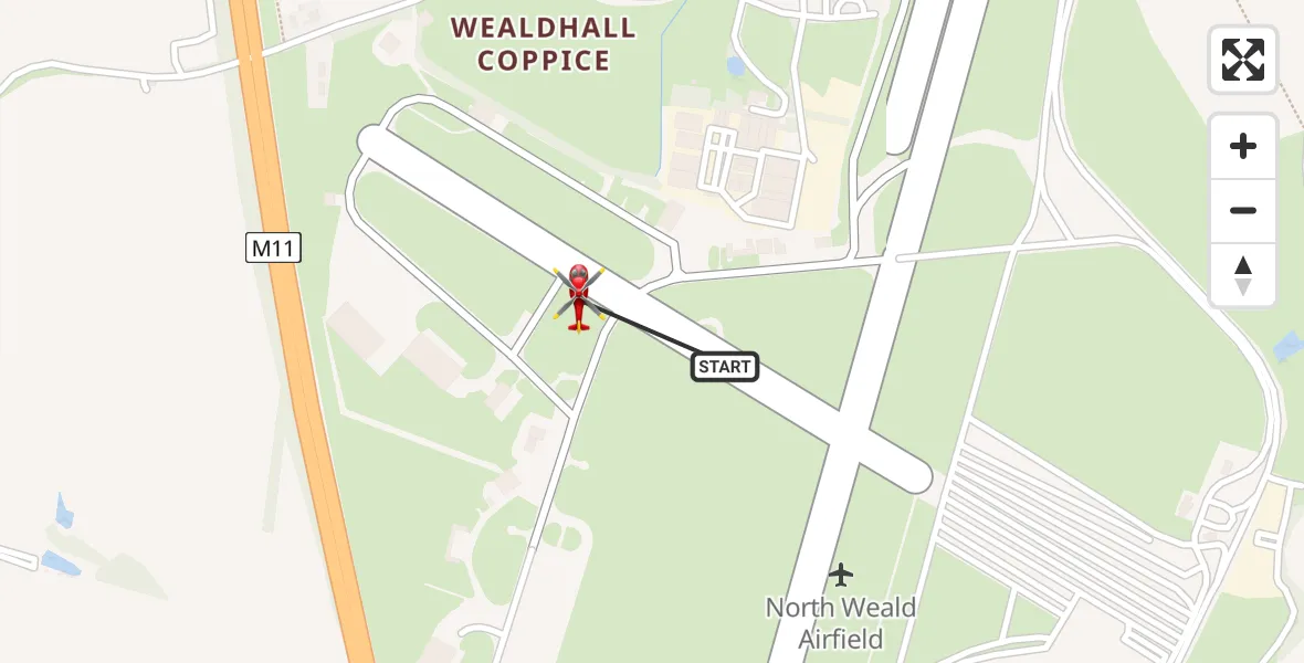 Flight path map showing Air Ambulance Helicopter route from North Weald Airfield to North Weald Airfield
