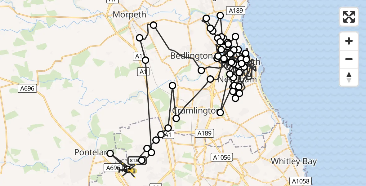 Flight path map showing Police Helicopter route from Newcastle International Airport to Newcastle International Airport