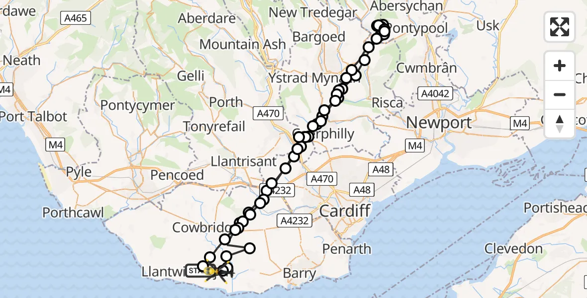 Flight path map showing Police Helicopter route from Boverton to MOD St Athan
