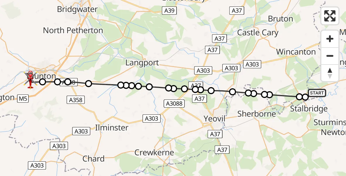 Flight path map showing Air Ambulance Helicopter route from Henstridge Airfield to Taunton